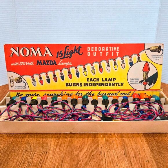 Vintage 1946 NOMA Christmas String Lights 15 Original WORKING Bulbs Original Box - Picture 2 of 6